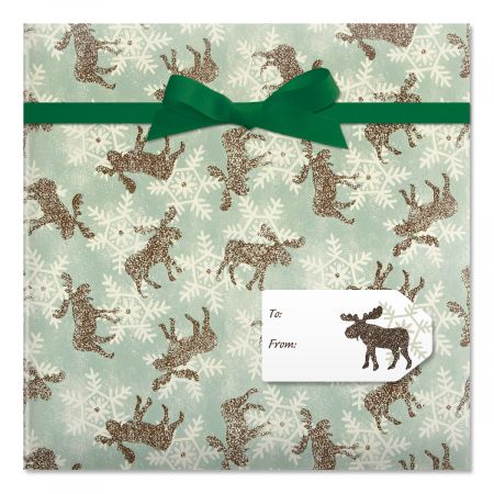 Moose & Snowflakes Jumbo Rolled Gift Wrap and Labels