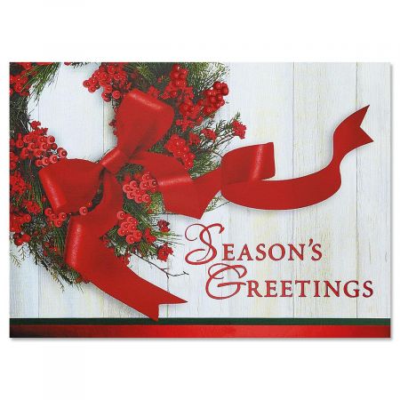 Wreath & Ribbon Nonpersonalized Deluxe Christmas Cards - Set of 14