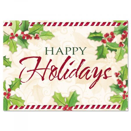 Holly Greetings Nonpersonalized Christmas Cards - Set of 18