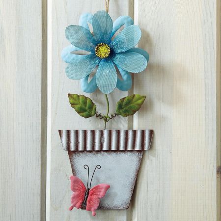 Metal Flower In A Pot Wall Decoration-Blue