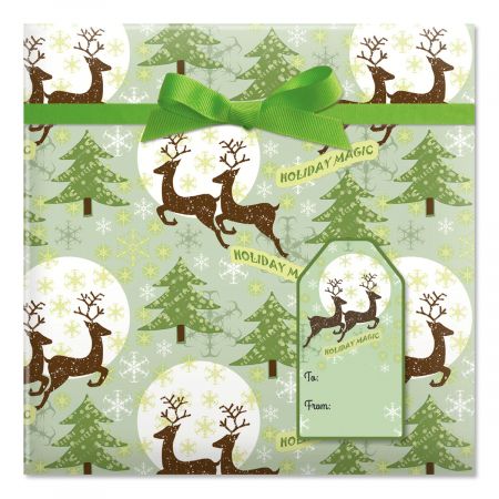 Reindeer Holiday Magic Jumbo Rolled Gift Wrap and Labels