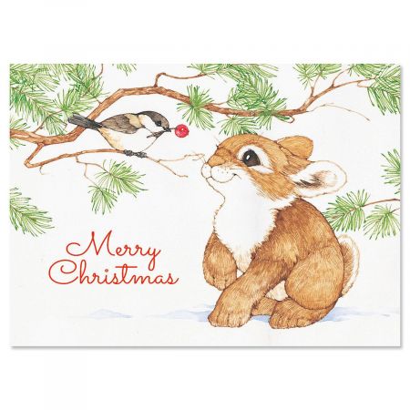 Bunny with Bird in Tree Christmas Cards