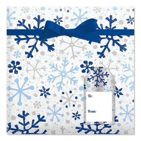 Silver and Blue Flurries Jumbo Rolled Gift Wrap and Labels