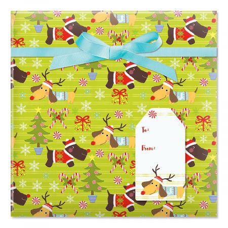 Christmas Puppies Jumbo Rolled Gift Wrap and Labels
