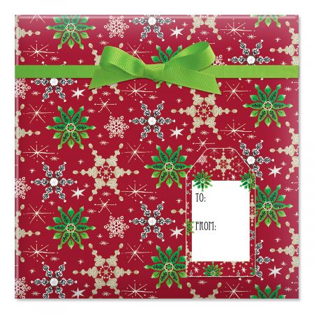 Retro Snowflakes Jumbo Rolled Gift Wrap and Labels