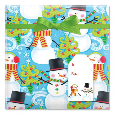 Swirly Snowman Jumbo Rolled Gift Wrap and Labels