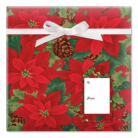 Pointsettia with Pinecones Jumbo Rolled Gift Wrap and Labels
