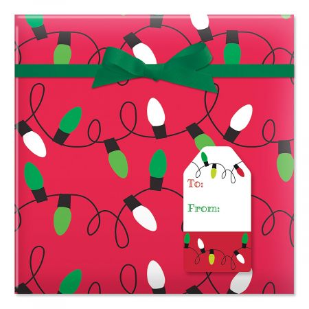 Holiday Lights on Red Jumbo Rolled Gift Wrap and Labels