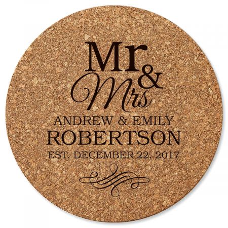 Mr. & Mrs. Round Cork Personalized Trivet