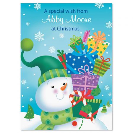 Snowman with Gifts Personalized Classic Christmas Cards