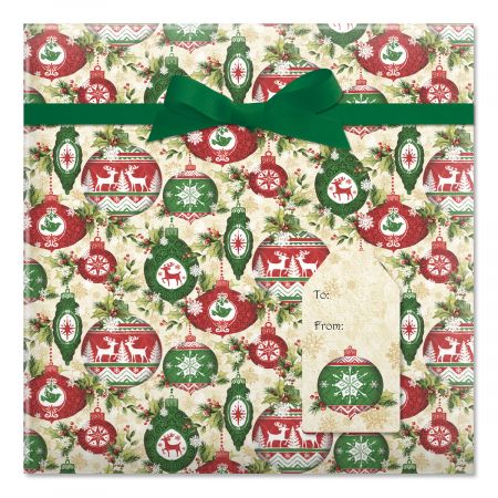Ornaments on Garland Jumbo Rolled Gift Wrap and Labels