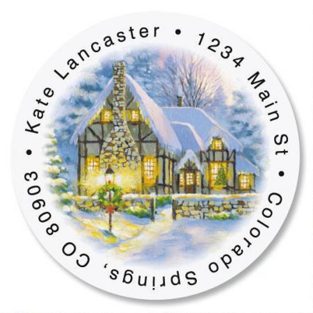 Snowy Cottage Round Address Labels