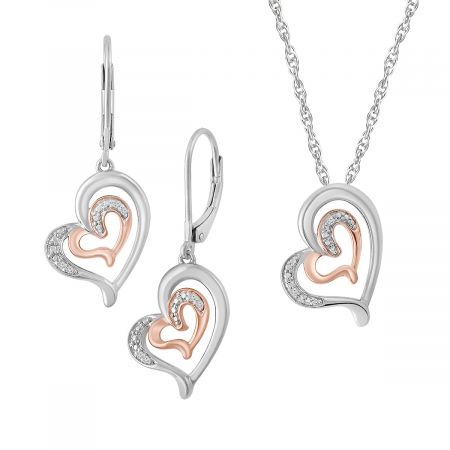 Diamond Double Heart Pendant with 18" Chain & Heart Earrings