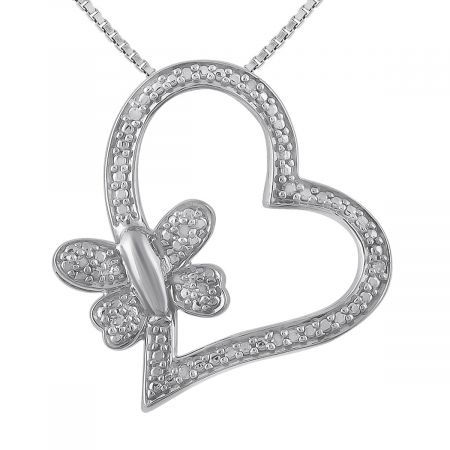 Diamond Accent Heart & Butterfly Pendant with 18" Chain