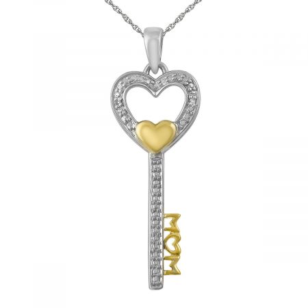 Diamond Accent Mom Key with Heart Pendant with 18" Chain