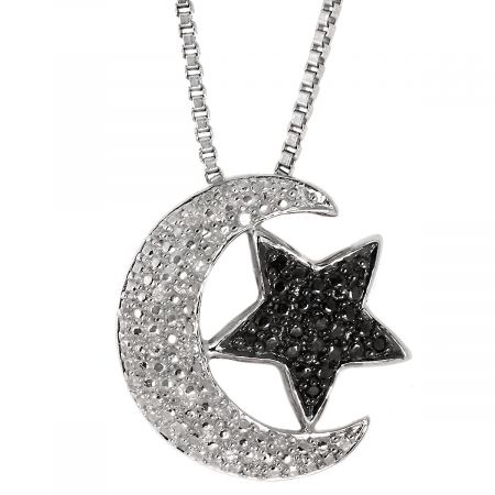 Black and White Diamond Accent Moon/Star Pendant with 18" Chain