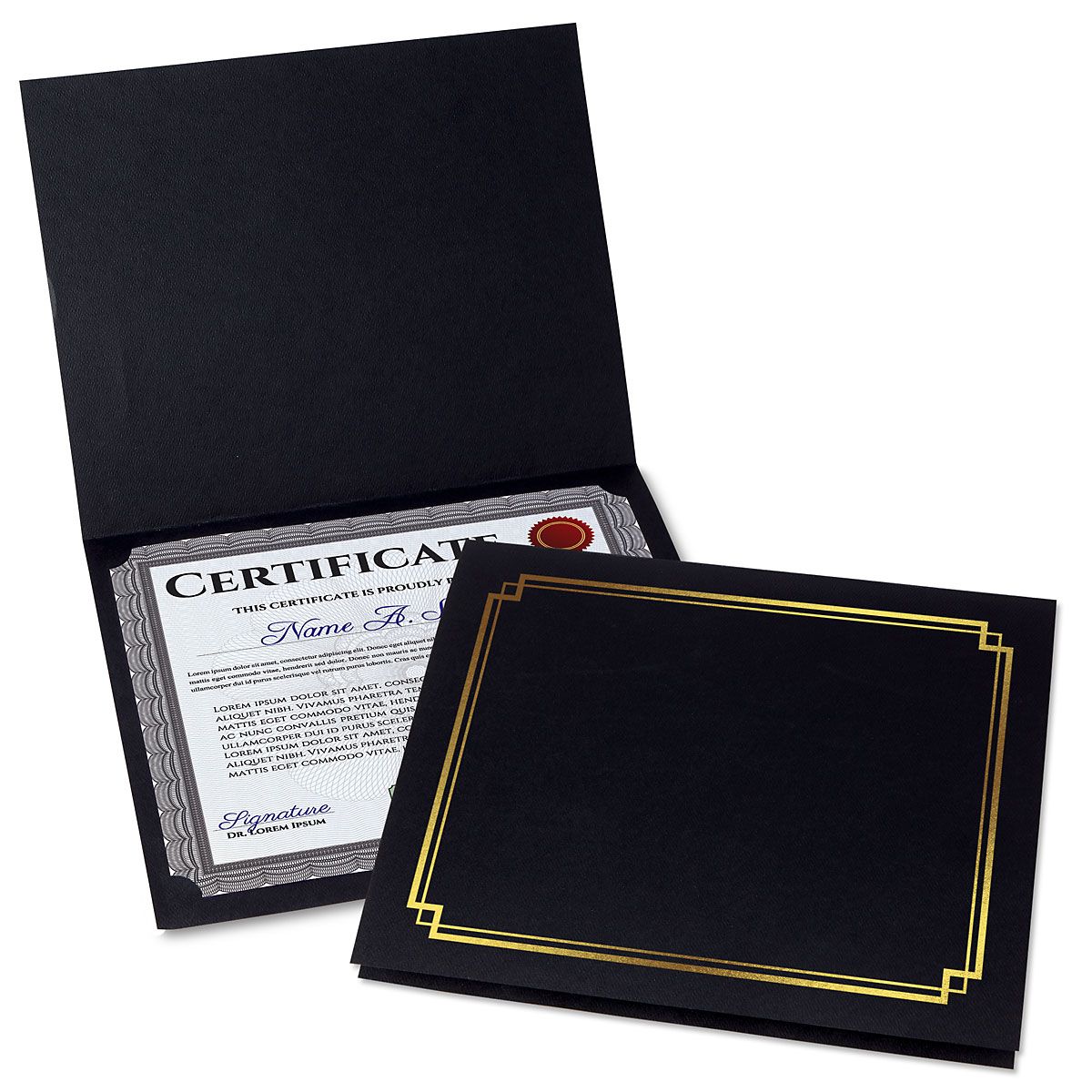 9-1//2 x 12 Folded with Diecut Corners on 80 lb Linen Cover Stock Set of 25 Classic Black Certificate Folder with Gold Border