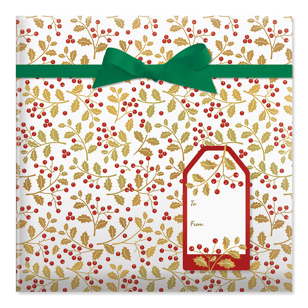 Gold Holly Berry Jumbo Rolled Gift Wrap and Labels | Current Catalog
