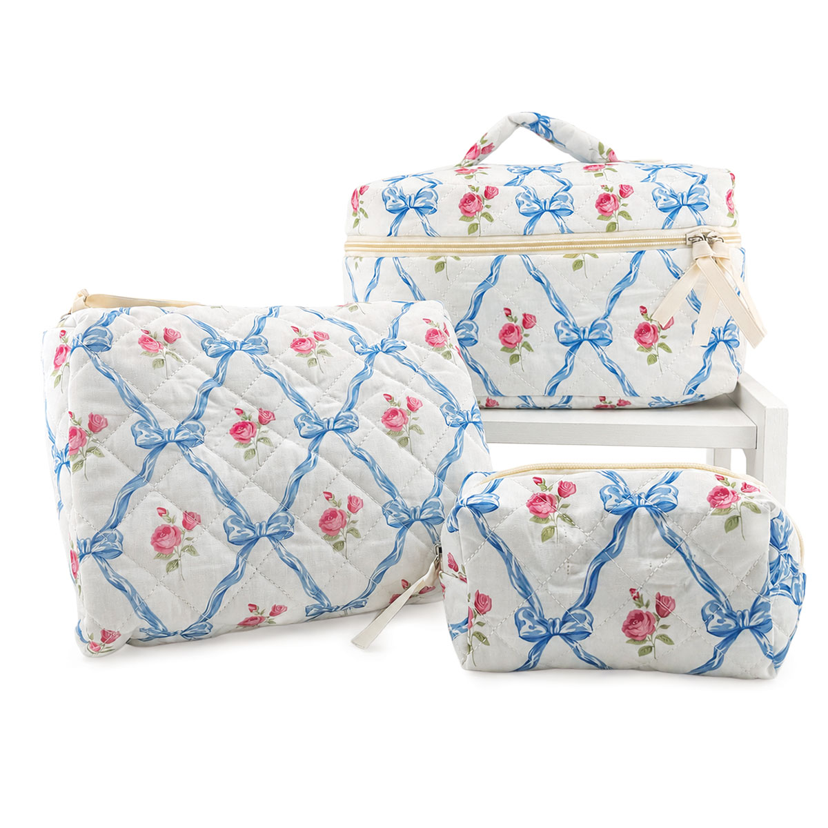 Label Security Checked Quilted Make Up Bags with Blue Bow Set | Current Catalog