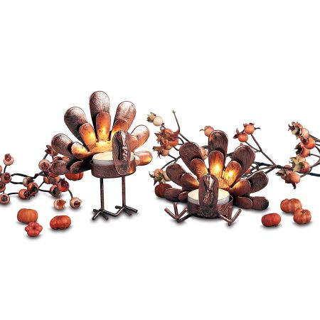 MorTime 12-Pack Turkey Tealight Candle Holders – Bronze Metal Thanksgiving Decor With Sitting & Standing Turkeys For Table & Home
