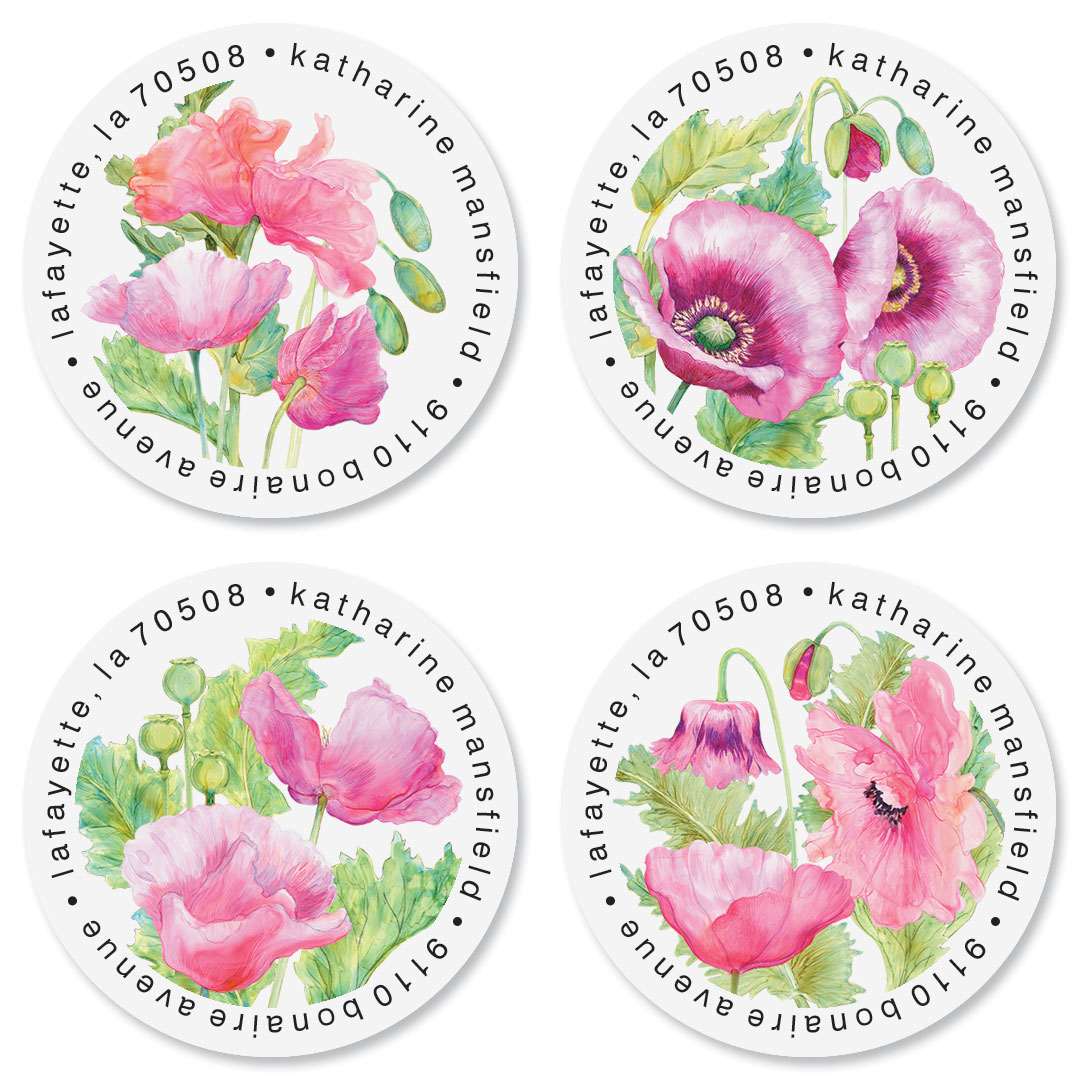 Pink Poppies Round Address Labels (4 Designs) | Current Catalog