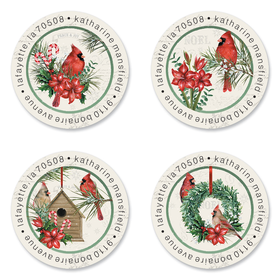 Cardinal Holiday Greeting Round Return Address Labels | Current Catalog
